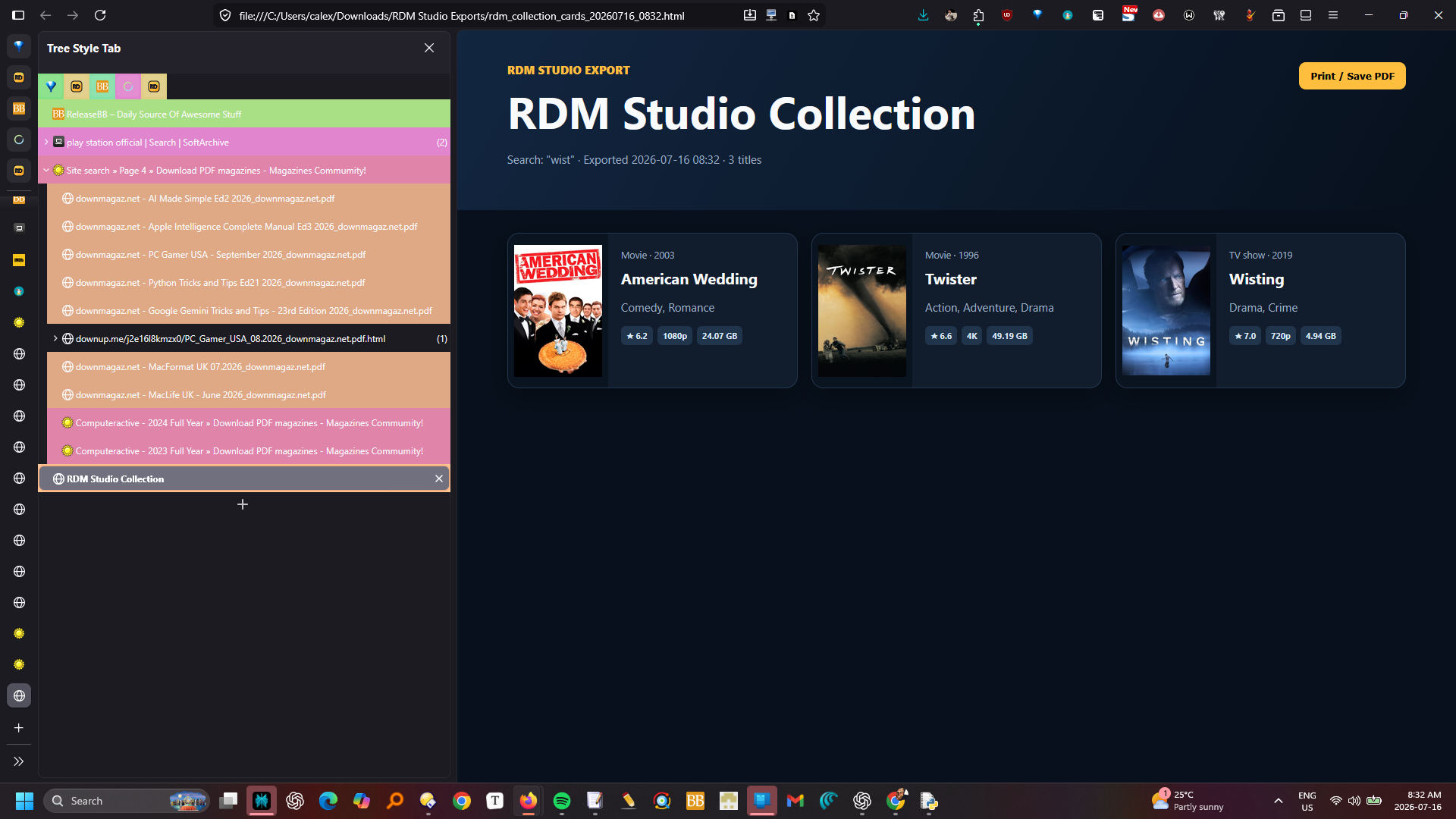 RDM PlayStudio exported collection website with poster cards