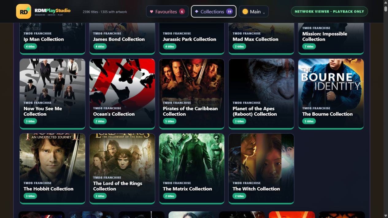 RDM PlayStudio collection gallery with visual franchise cards on the network player