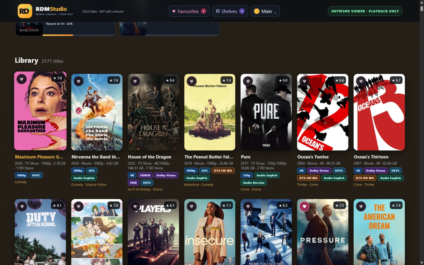 RDM PlayStudio movie playback screen in Chrome on Windows