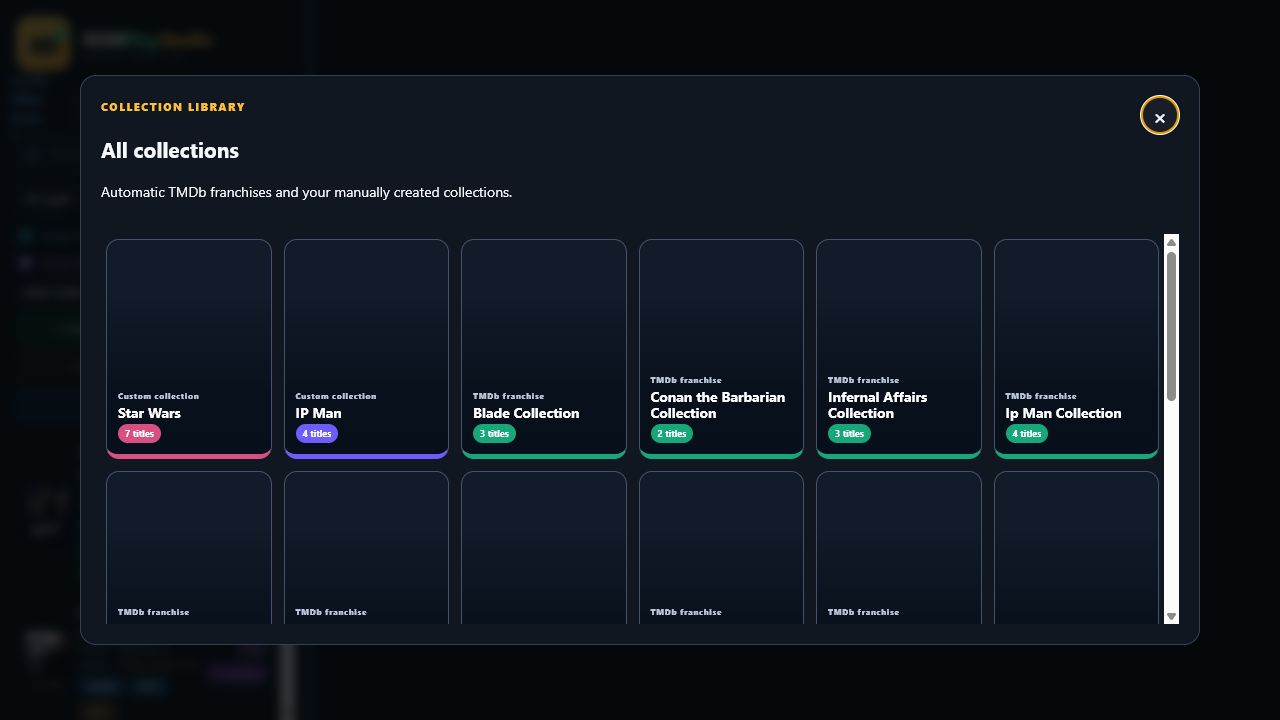 RDM PlayStudio collection library showing custom collections and automatic TMDb franchises